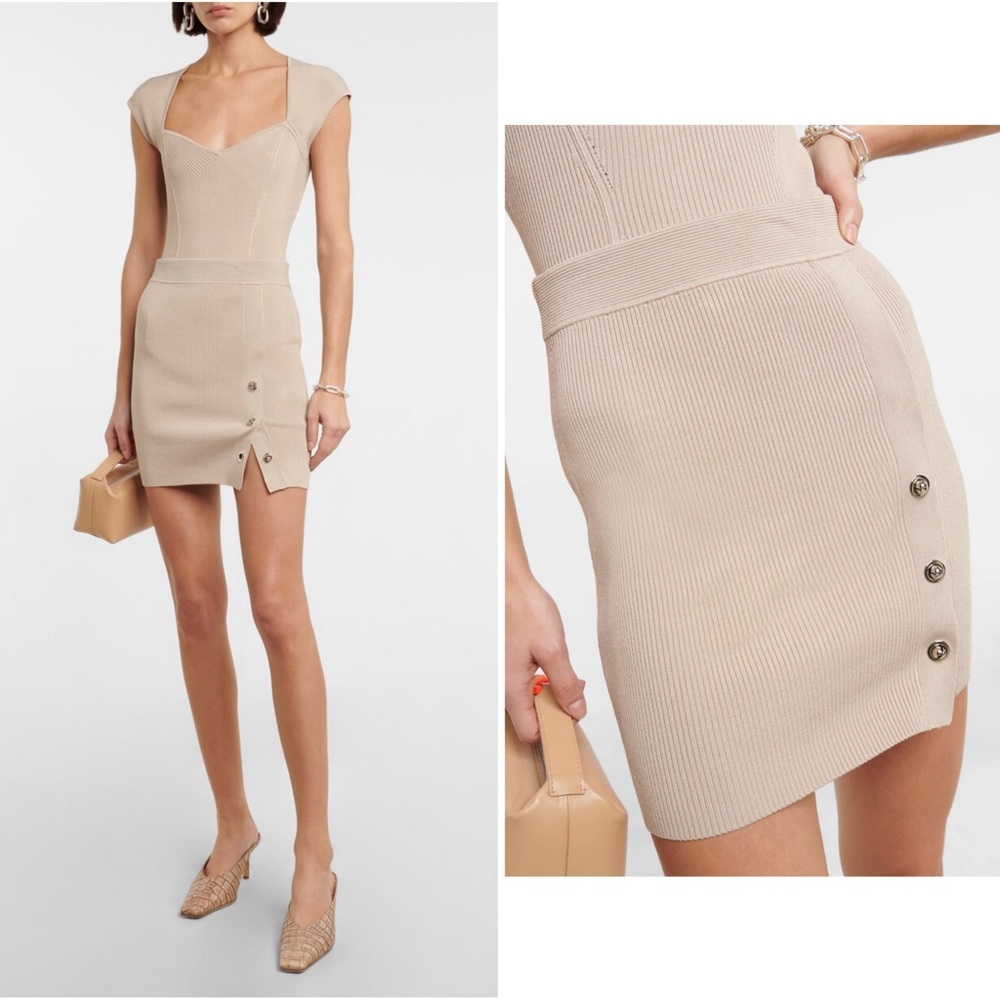 New! Jonathan Simkhai Dorothy Ribbed-Knit Beige Buttoned Mini Skirt 🤍 Medium